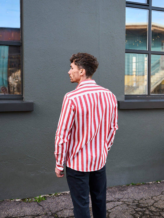 Camicia Maggia a righe rosse in lino e cotone biologico