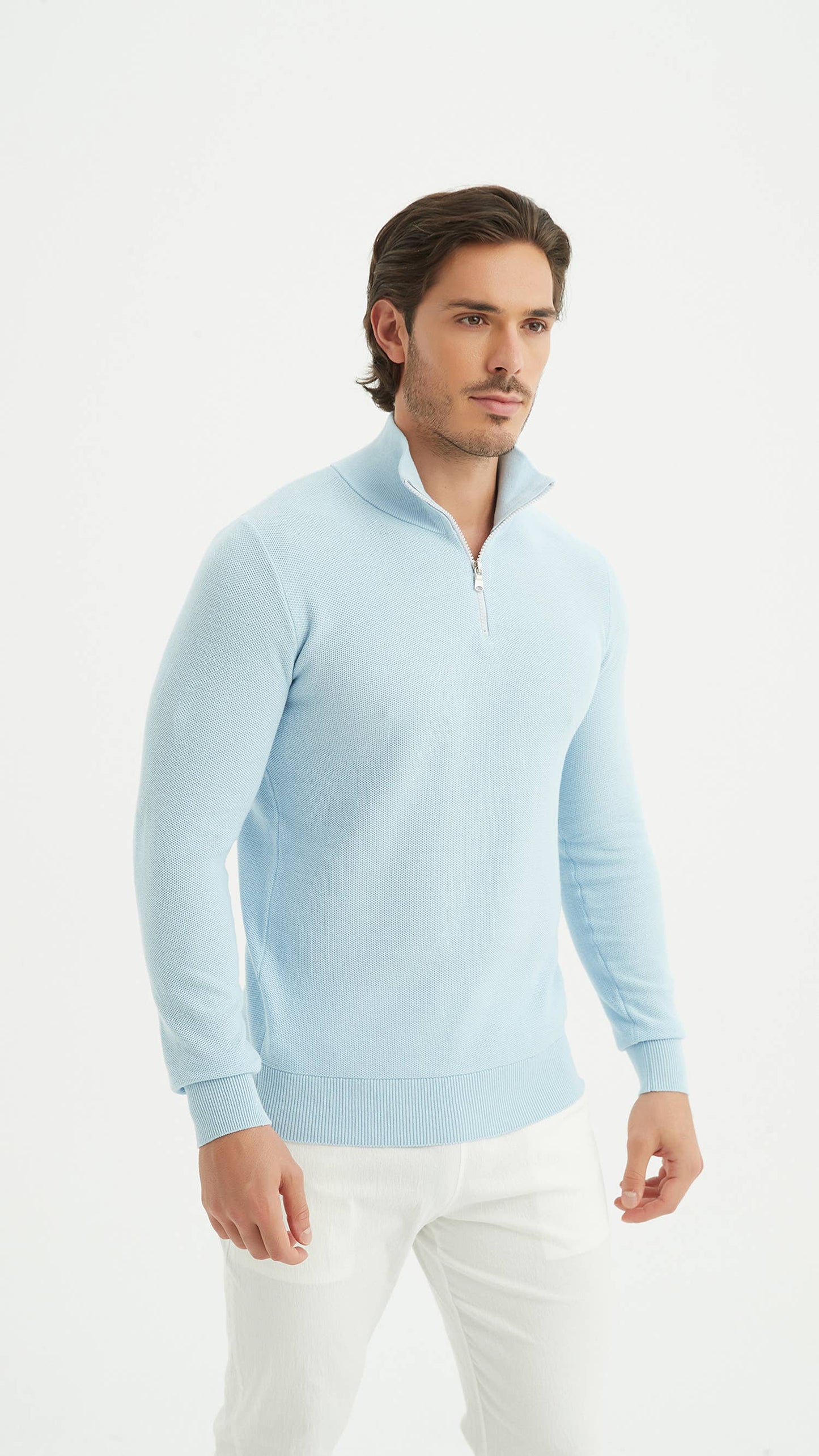 Maglione sportivo uomo in cotone azzurro con zip