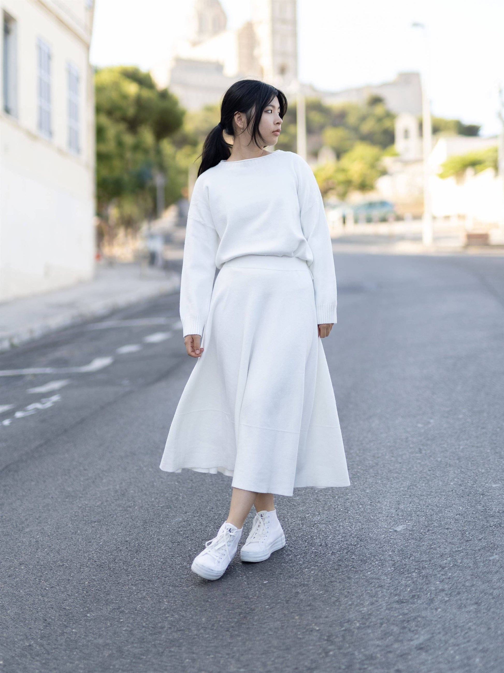 Gonna midi in maglia fluida svasata