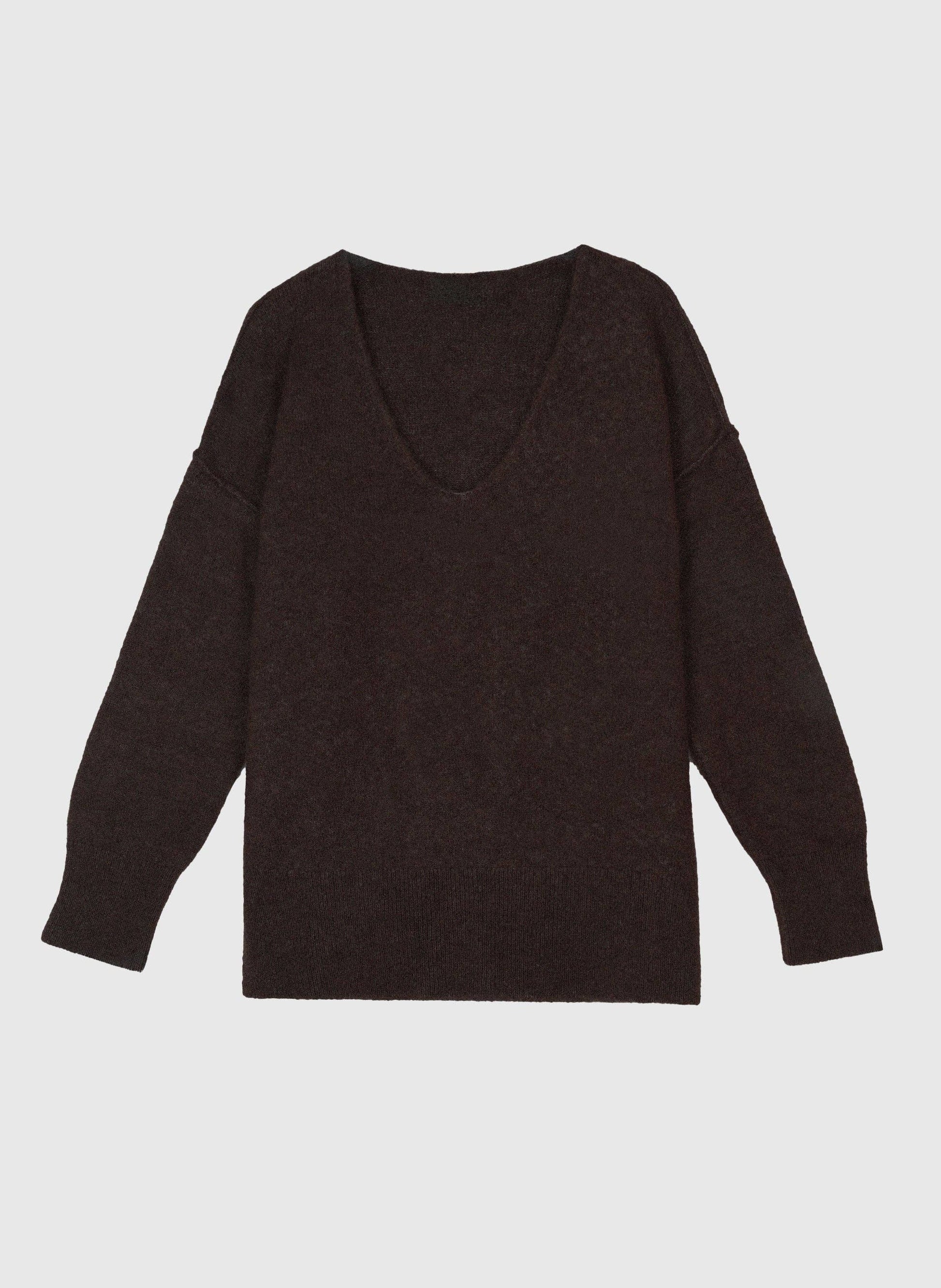 Maglione oversize con scollo a V color cioccolato