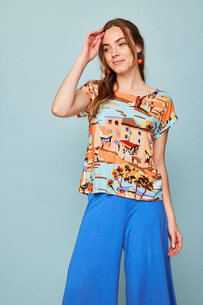 Camicia pareo multicolor con scollo a barca e bottoni sul retro
