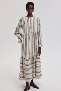 Abito chemisier maxi a righe in cotone con polsini arricciati