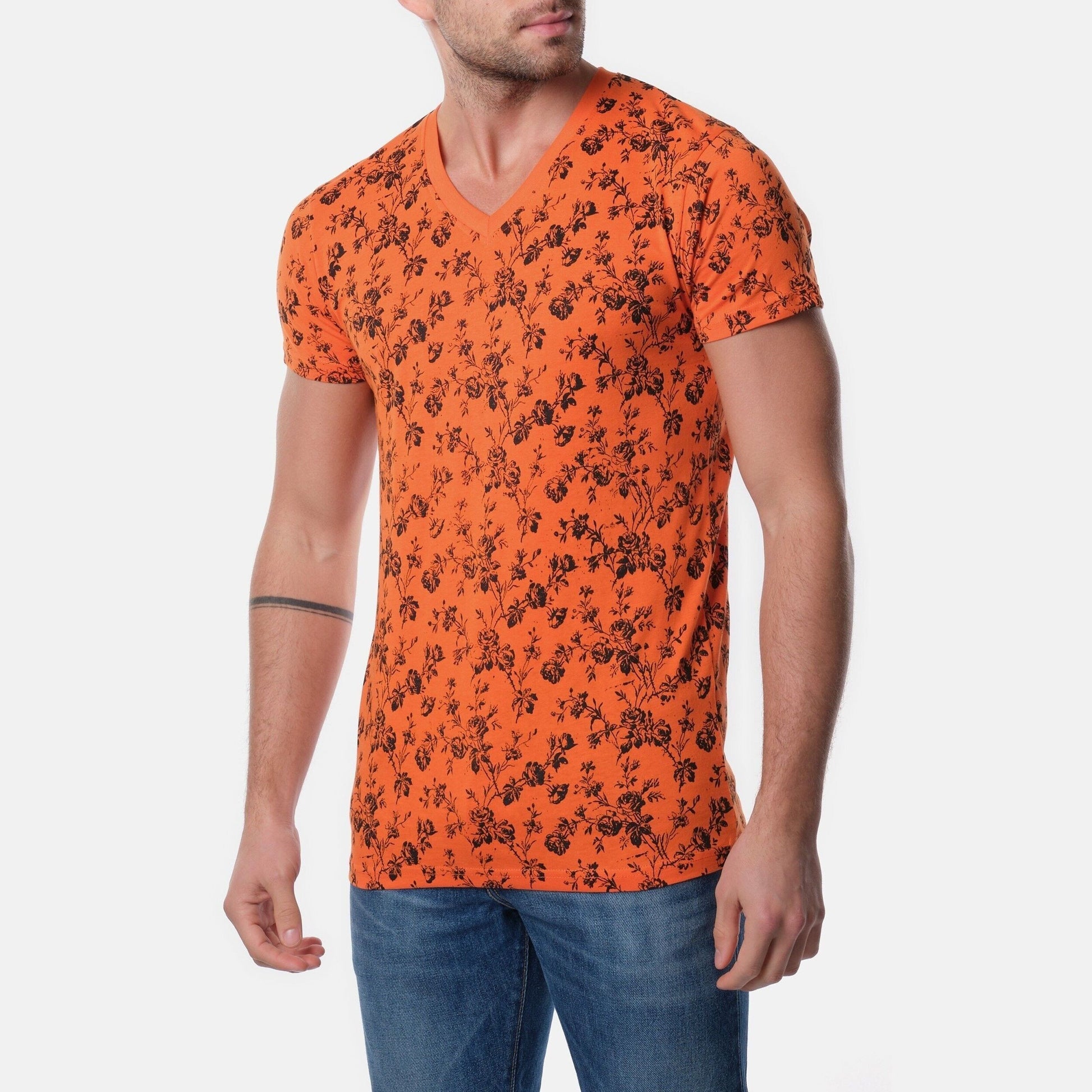 T-shirt uomo arancione floreale con scollo a V