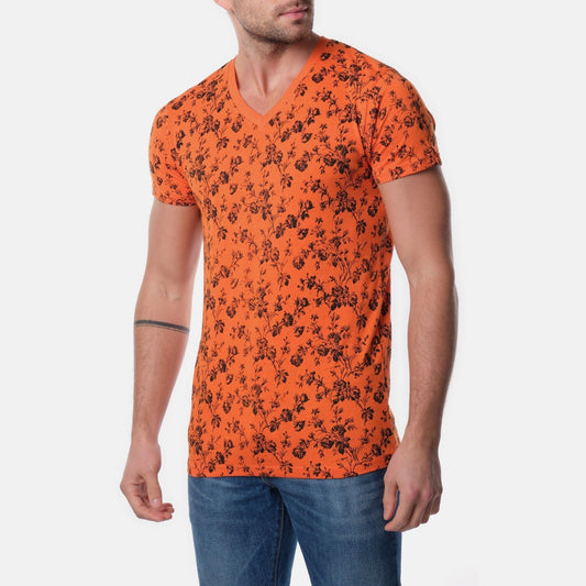 T-shirt uomo arancione floreale con scollo a V