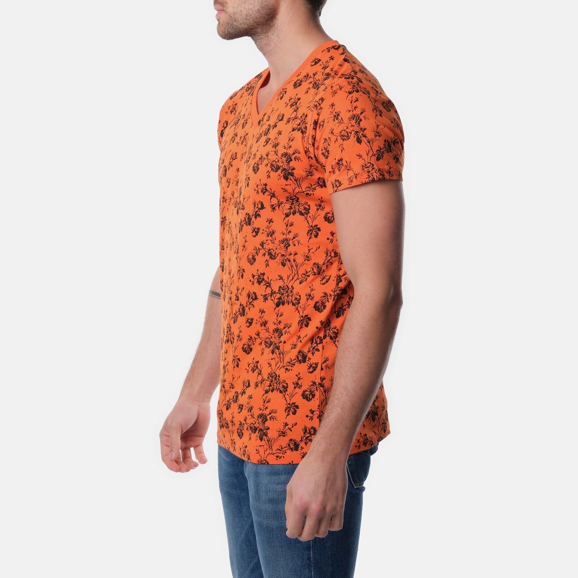 T-shirt uomo arancione floreale con scollo a V