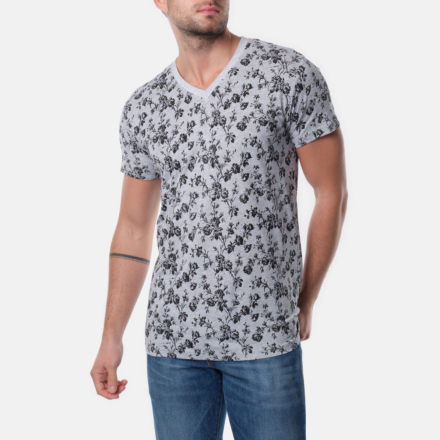 T-shirt uomo grigia con stampa floreale e scollo a V
