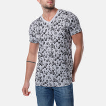 T-shirt uomo grigia con stampa floreale e scollo a V
