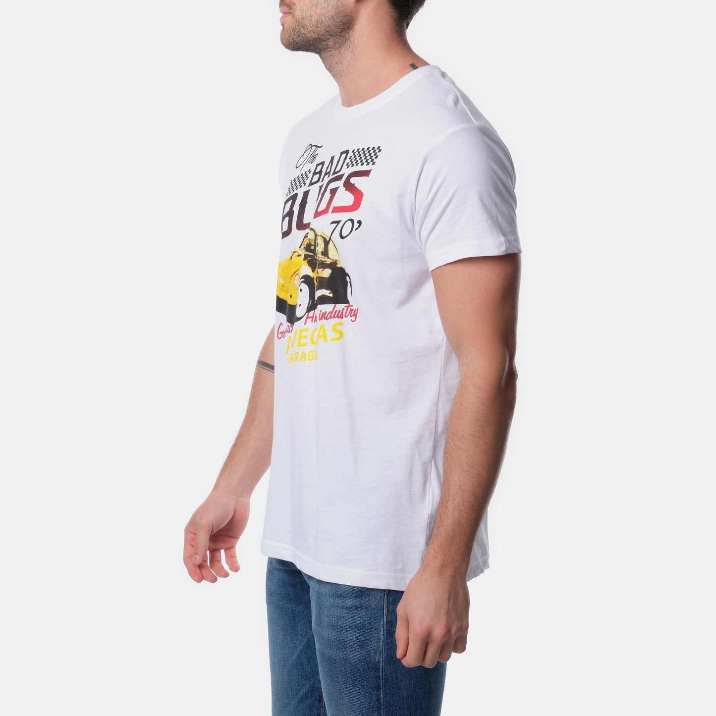 T-shirt Uomo Bianca con Stampa Vintage Auto