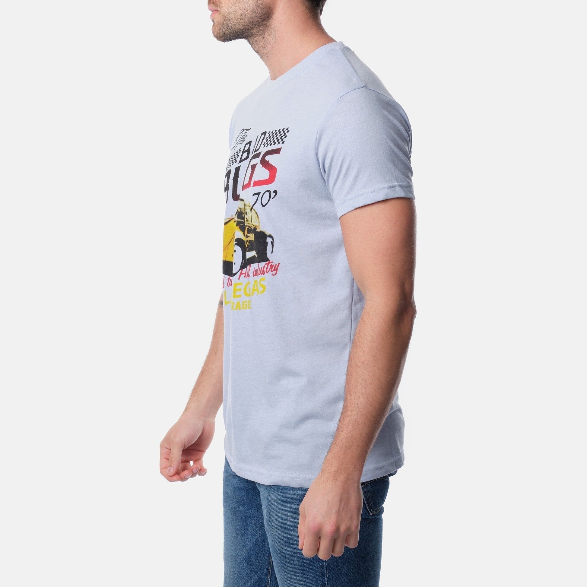 T-shirt uomo azzurra in cotone con stampa auto vintage