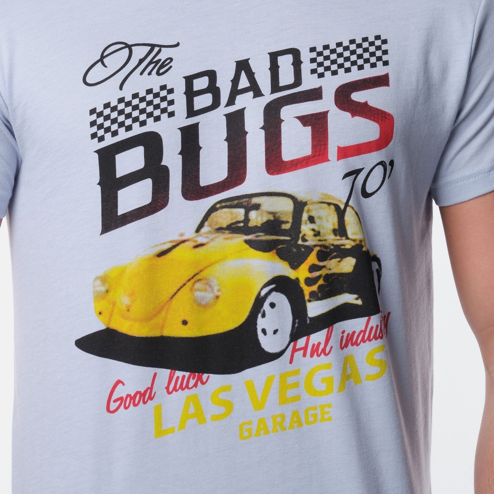 T-shirt uomo azzurra in cotone con stampa auto vintage