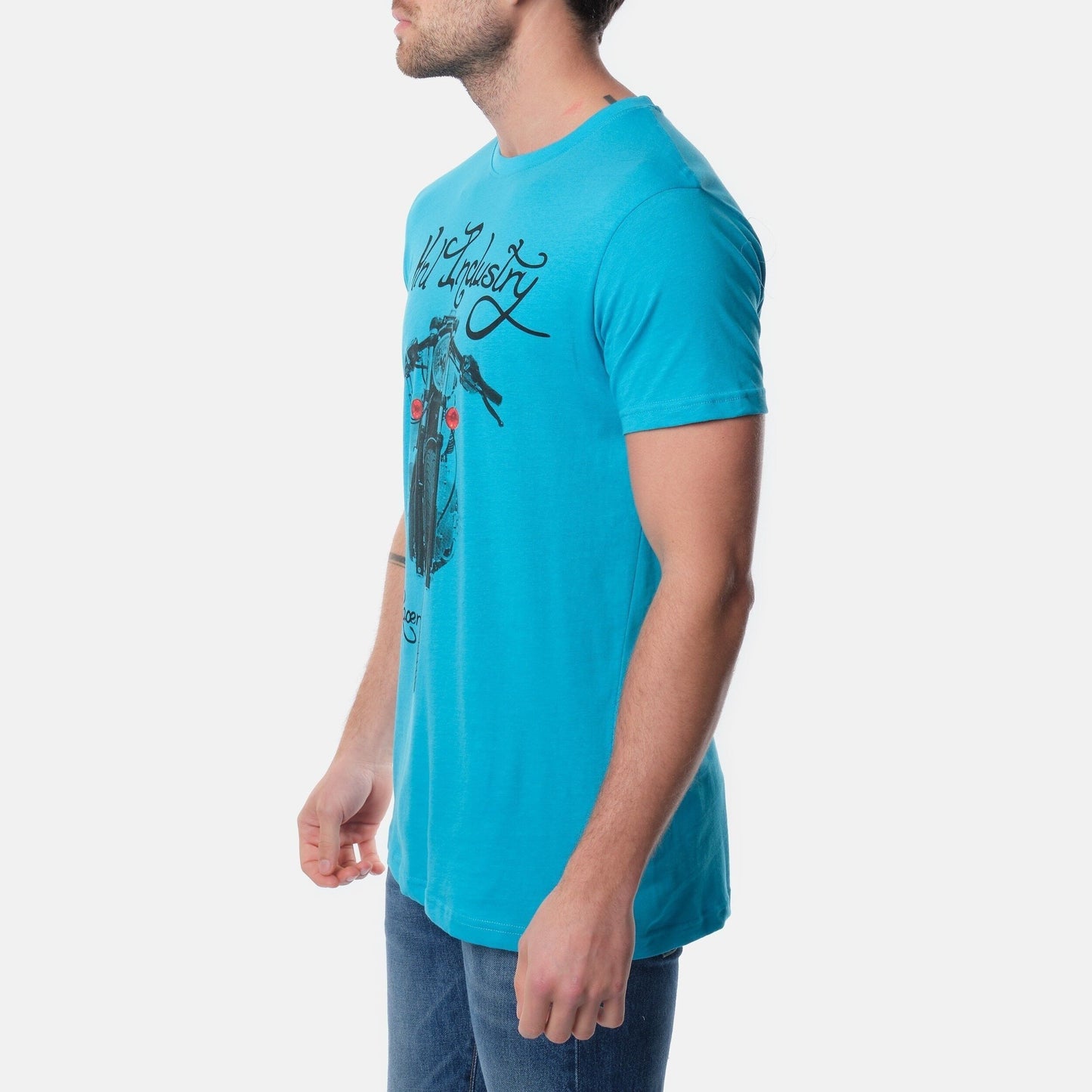T-shirt uomo turchese in cotone con stampa moto