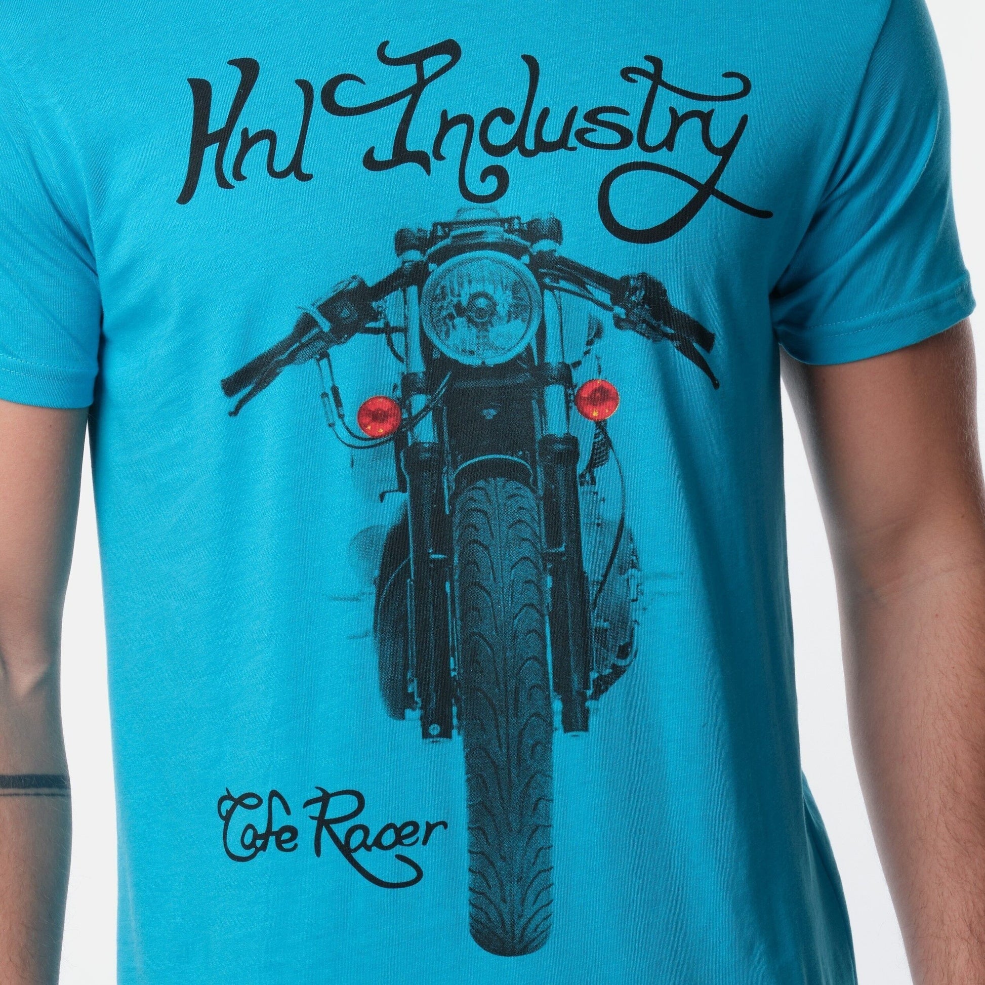 T-shirt uomo turchese in cotone con stampa moto