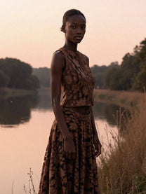 Gonna midi elegante in pizzo e velluto marrone