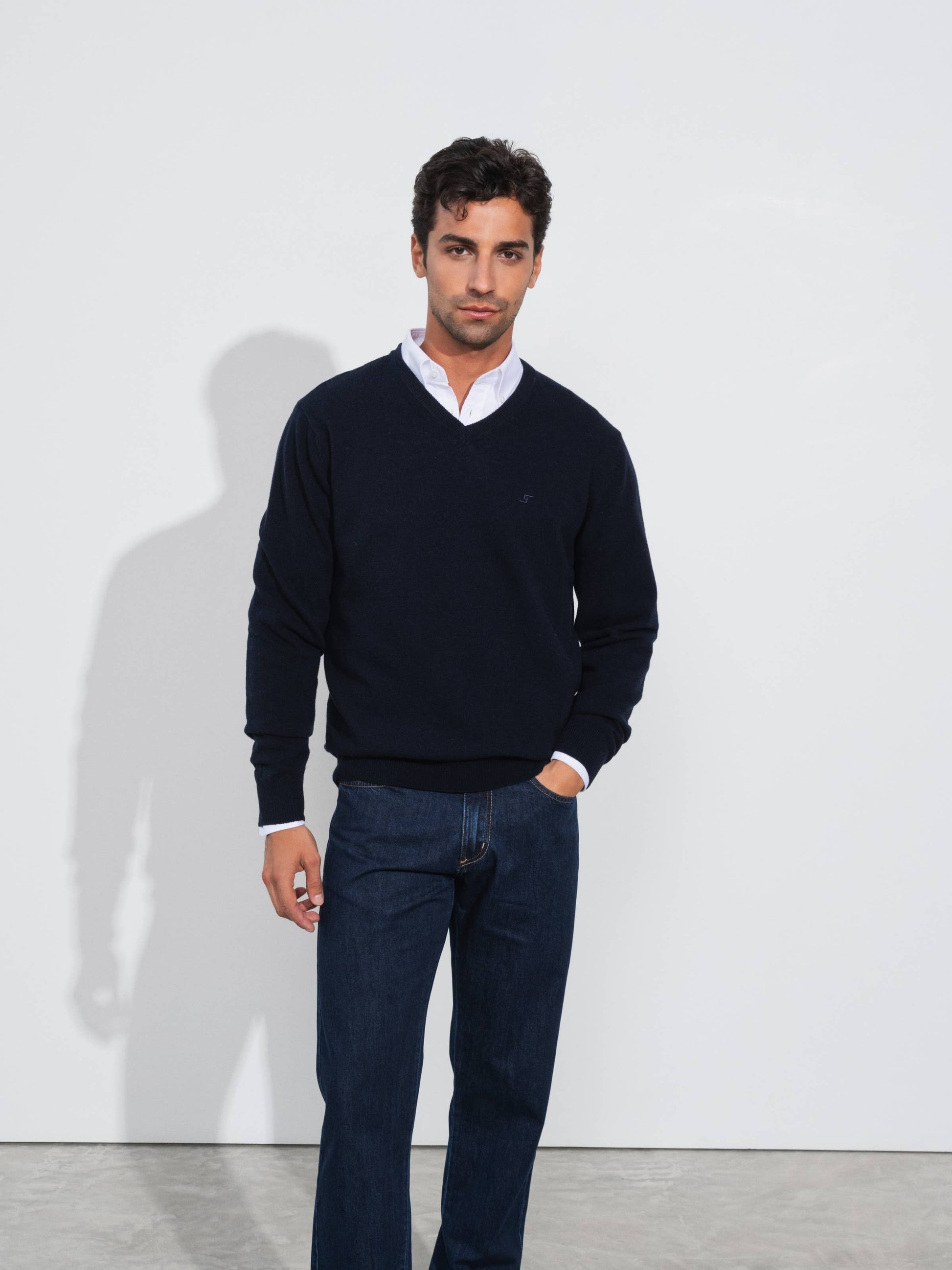 Pullover in lana a maglia fine con scollo a V e ricamo