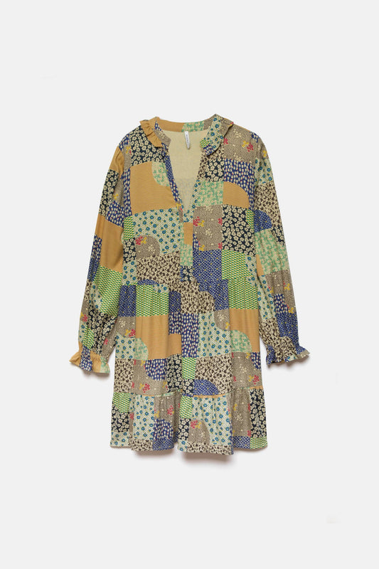 Abito stampato patchwork con volant