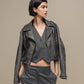Giacca biker cropped in ecopelle grigia da donna