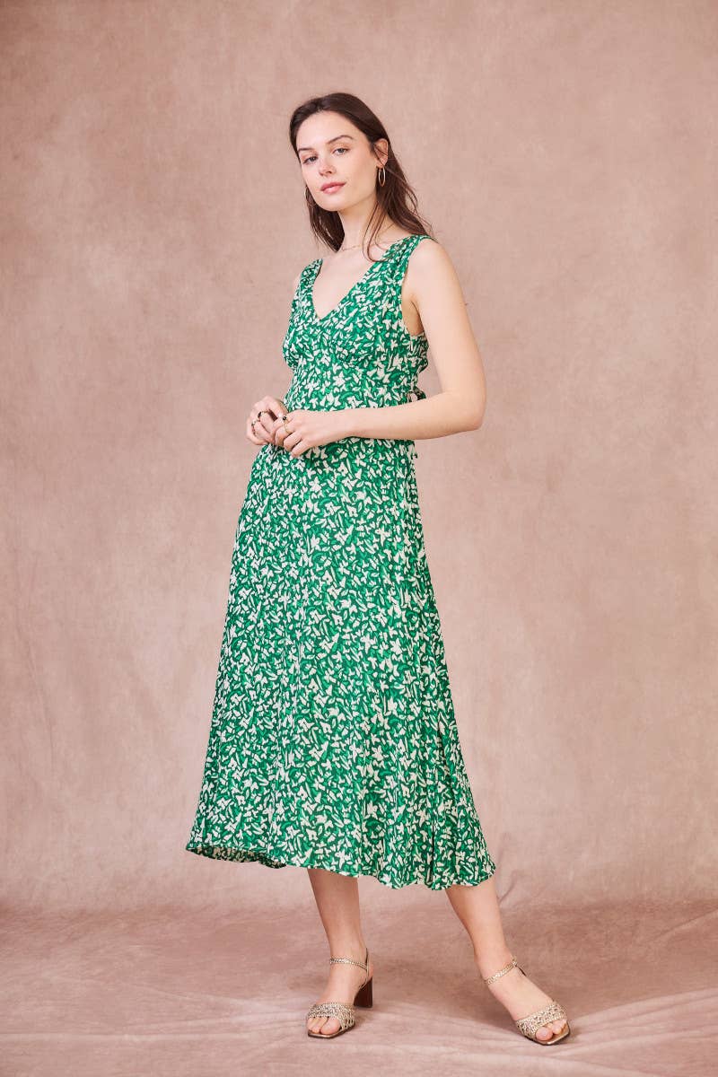 Abito lungo Rose con schiena scoperta e stampa verde