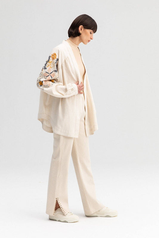 Giacca kimono in lino ricamato