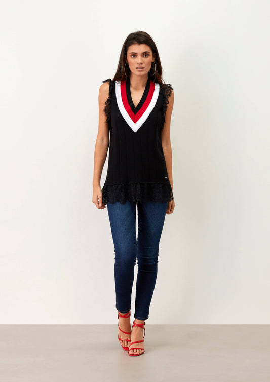 Top con scollo a V e volant in pizzo