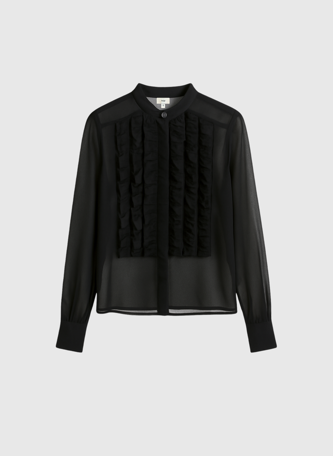 Blusa nera trasparente con volant