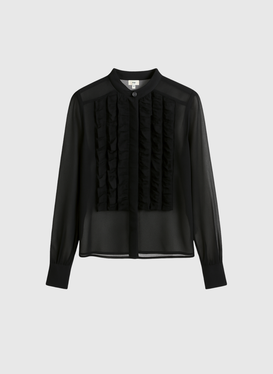 Blusa nera trasparente con volant