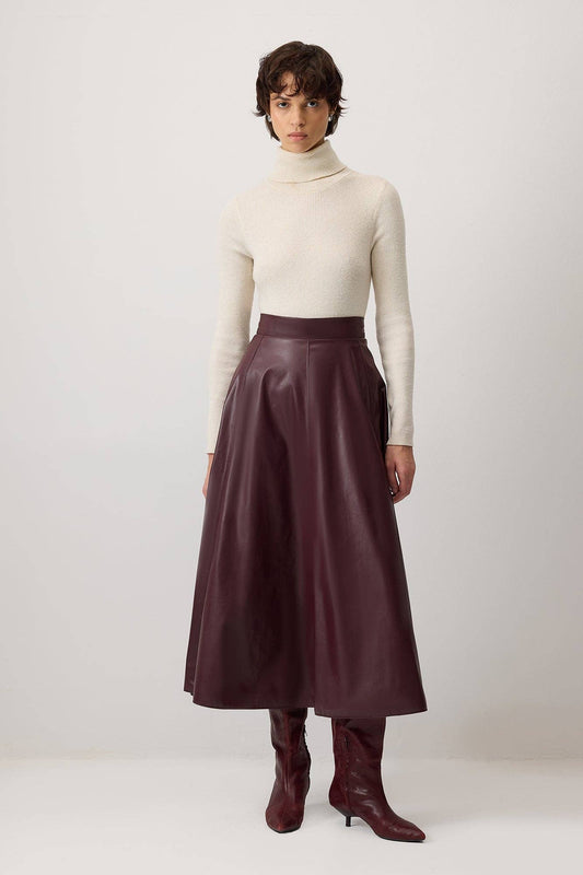 Gonna midi in ecopelle bordeaux