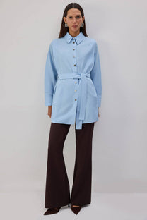 Camicia lunga in popeline con cintura