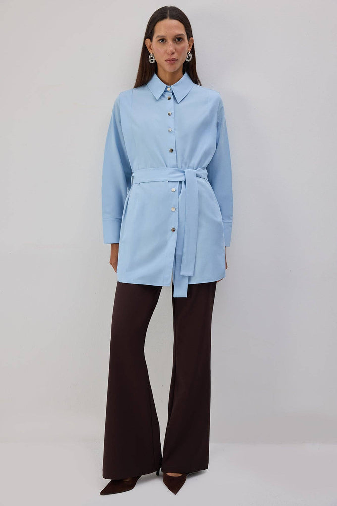 Camicia lunga in popeline con cintura