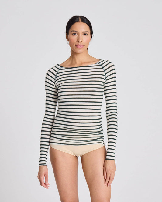 Top in lana Amalie a righe reverse verde oliva scuro