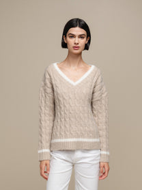 Maglione donna a trecce con scollo a V
