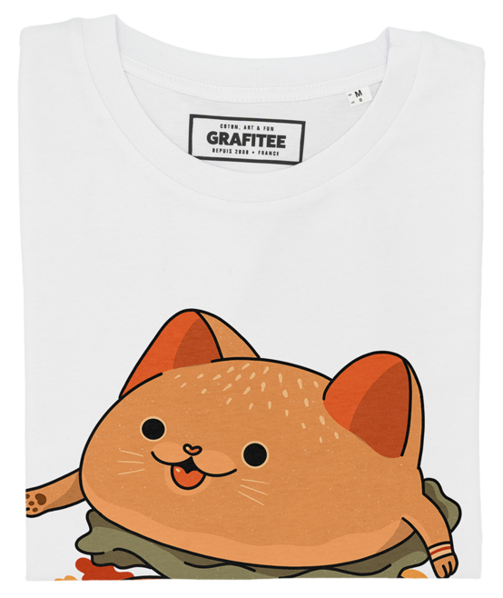 T-shirt unisex in cotone biologico con grafica Burger Cat Skater bianca