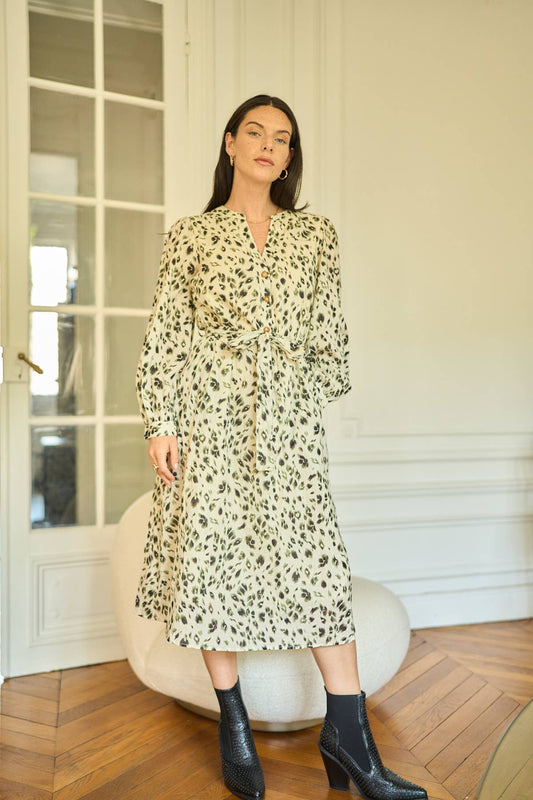 Abito midi in cotone con stampa animalier e cintura