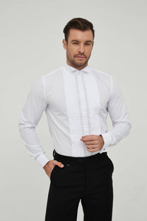 Camicia bianca slim fit da smoking con plastron e polsini gemelli