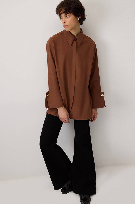 Camicia oversize in popeline misto cotone con maxi polsini