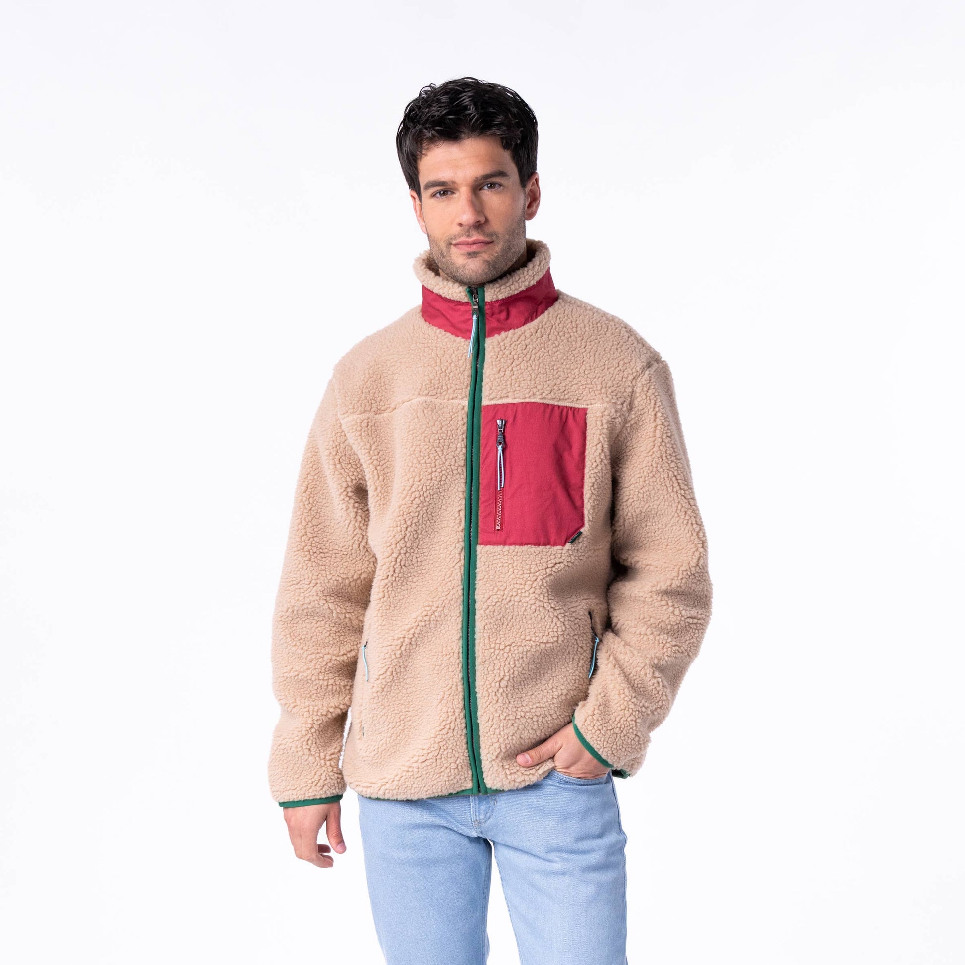 Giacca sherpa unisex con zip beige e bordeaux