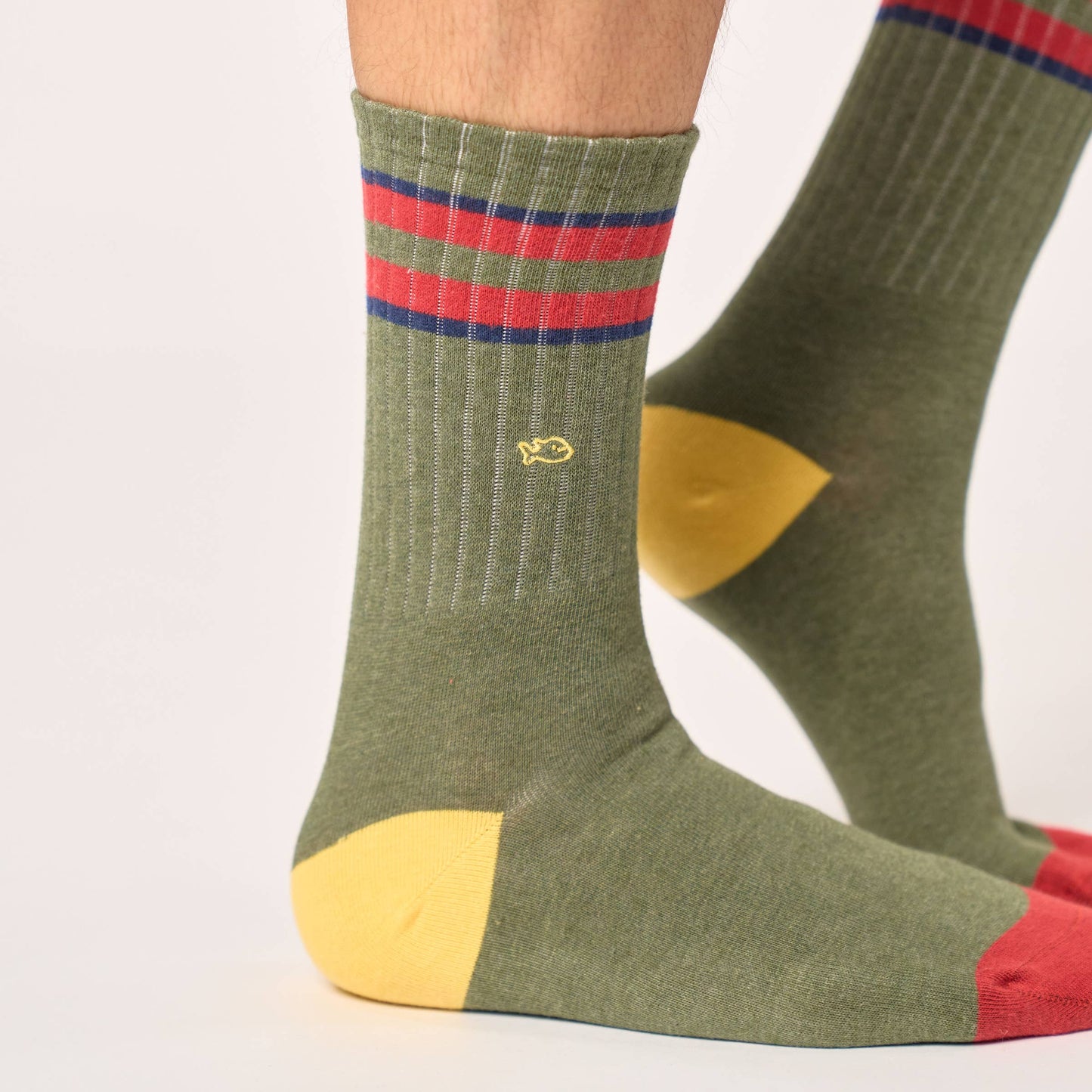 Calzini retrò in cotone pettinato kaki a righe rosse e blu