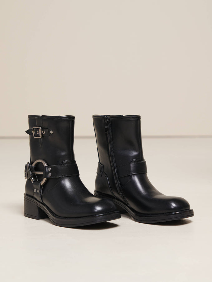 Stivaletti biker neri in PU con fibbie e anello
