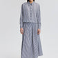 Completo camicia e gonna plissé a righe in cotone blu navy