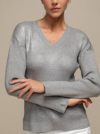 Maglione donna laminato a costine con scollo a V