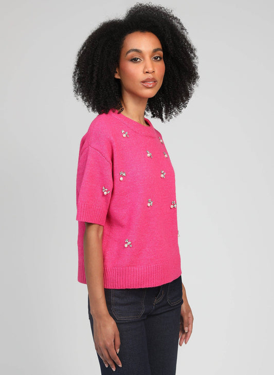 Maglione Nelida rosa caramella con strass e perle