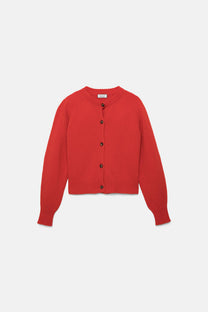 Cardigan in lana a maglia rasata con bottoni a contrasto
