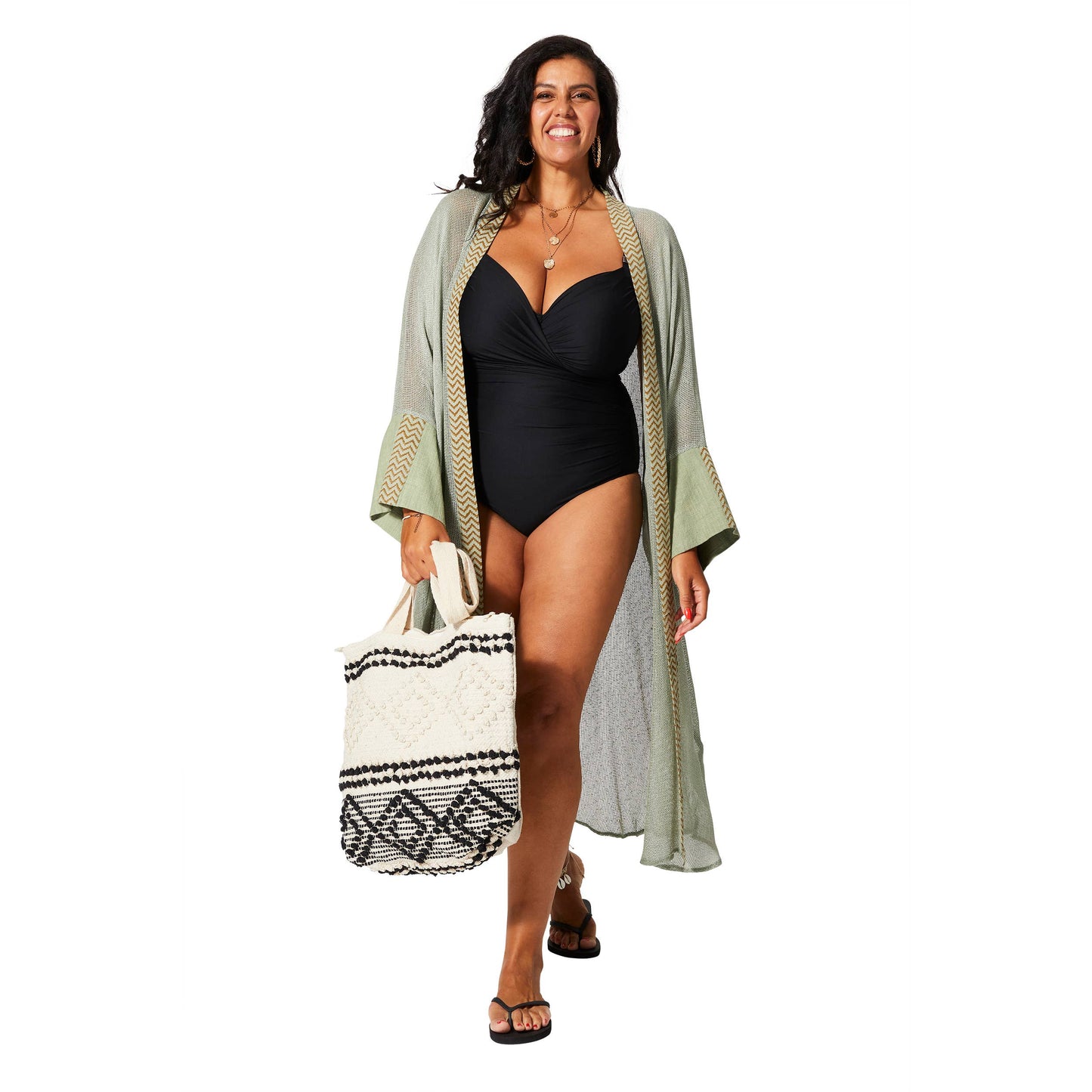Kimono estivo boho in cotone verde a maniche lunghe
