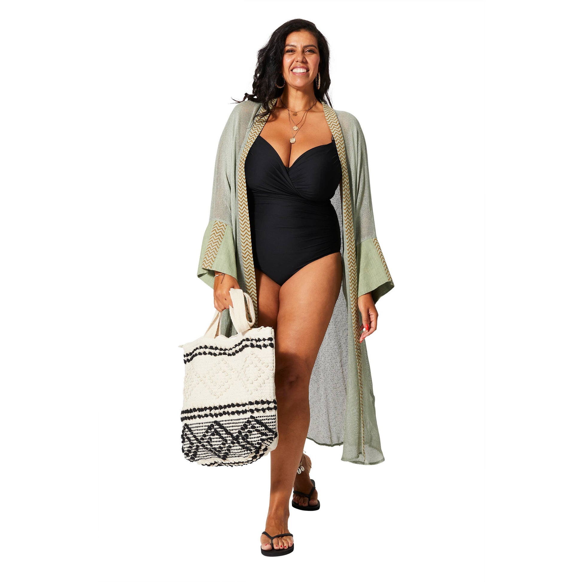 Kimono estivo boho in cotone verde a maniche lunghe