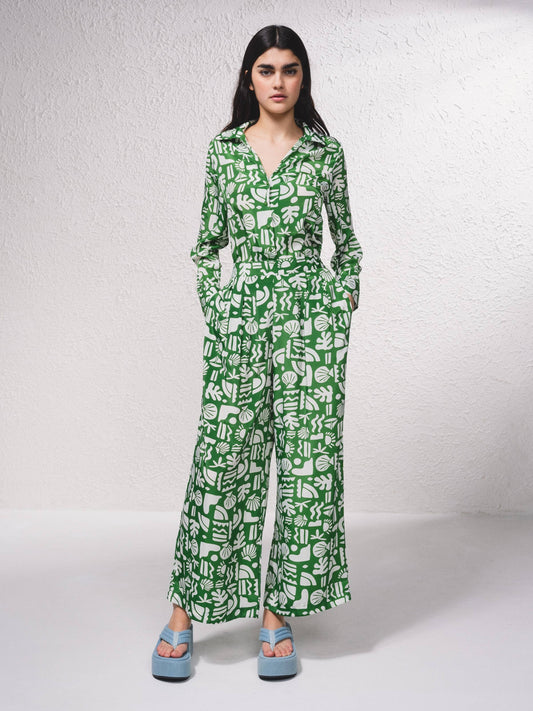 Pantaloni satinati a vita alta con stampa