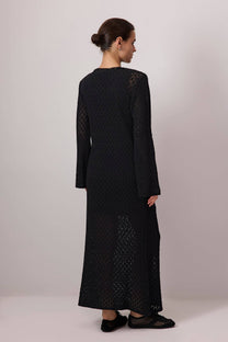 Abito lungo nero in crochet a maniche lunghe in misto cotone