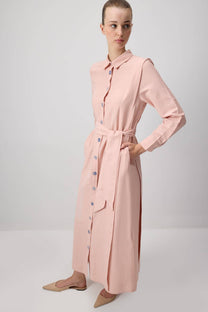 Abito camicia lungo rosa in popeline con cintura