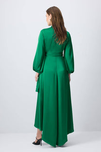 Abito lungo in raso drappeggiato verde smeraldo