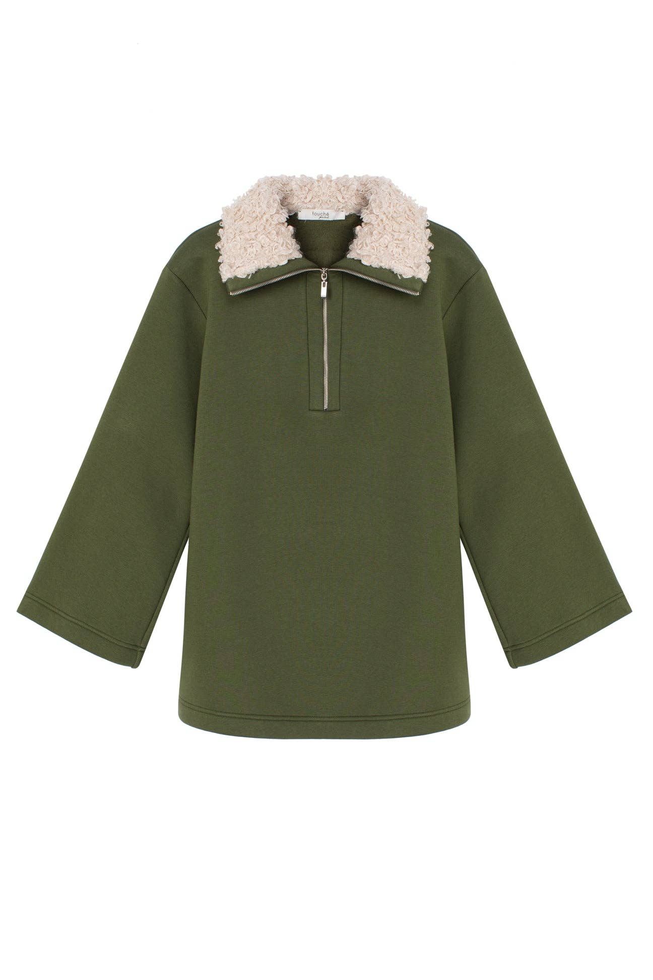 Felpa oversize con collo in pelliccia sintetica e mezza zip