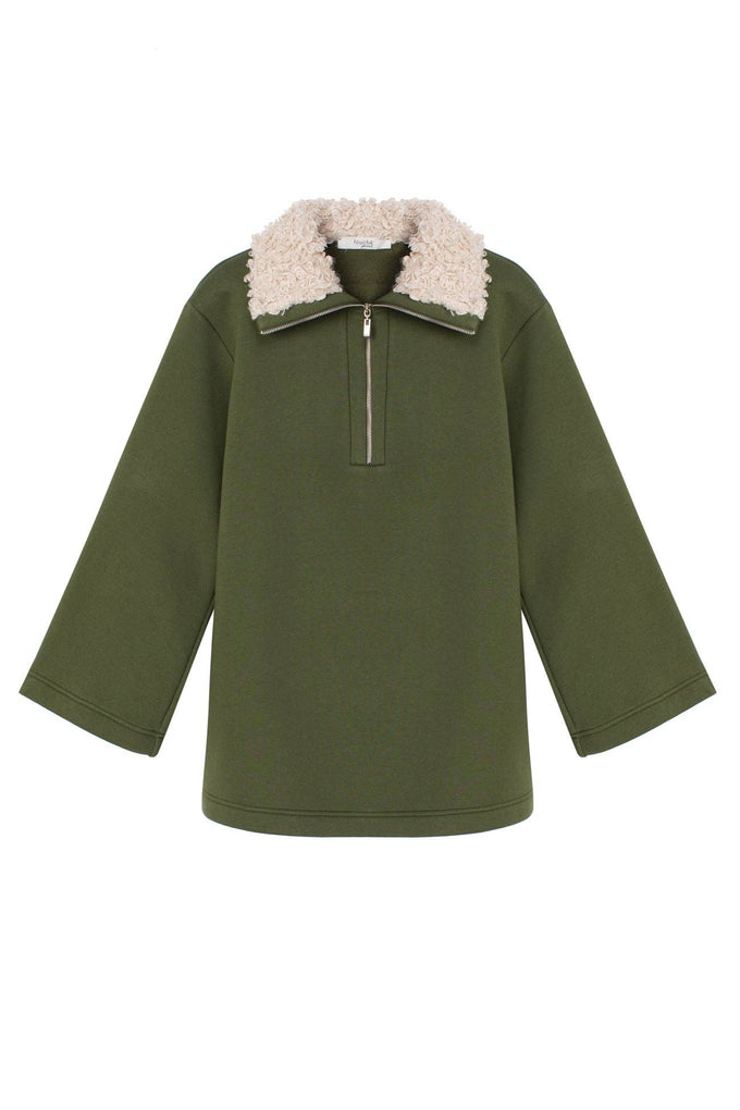 Felpa oversize con collo in pelliccia sintetica e mezza zip