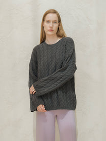 Maxi maglia girocollo a trecce in misto cashmere